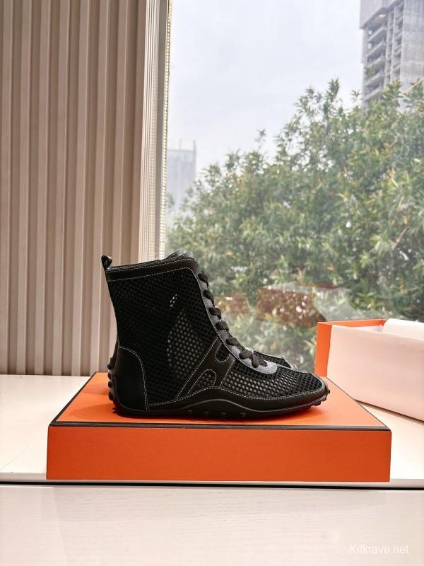2025 Women Hermès Black Mesh Leather Boots