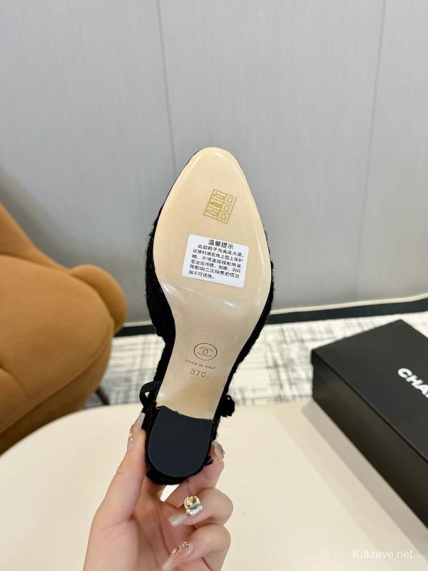 2025 Women Chanel Black Wool Leather Pumps LY00270