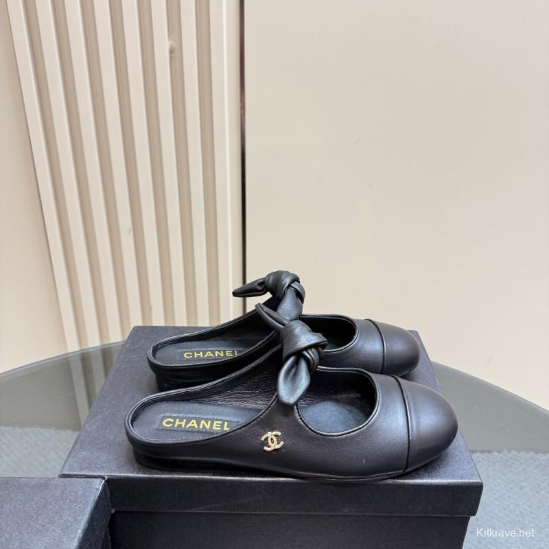 2025 Women Chanel Black Lambskin Leather Mules KFY00270