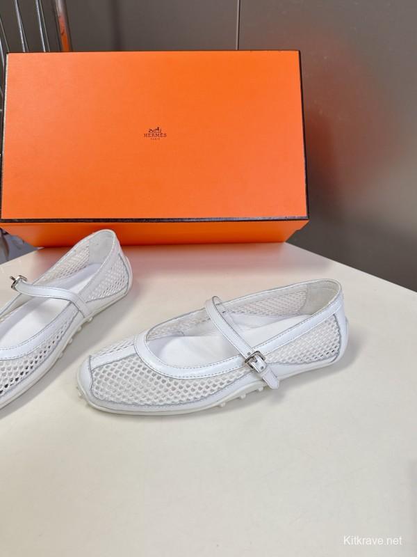 2025 Women Hermès White Leather Mesh Mary Jane KFY00250