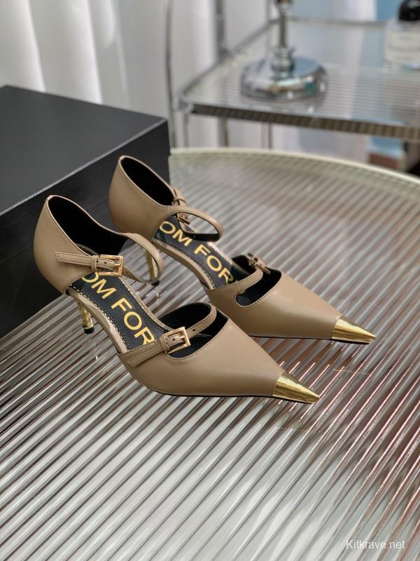 2025 Women TOM FORD Beige Leather Pointed Toe Metal Tip Pumps KFY00320