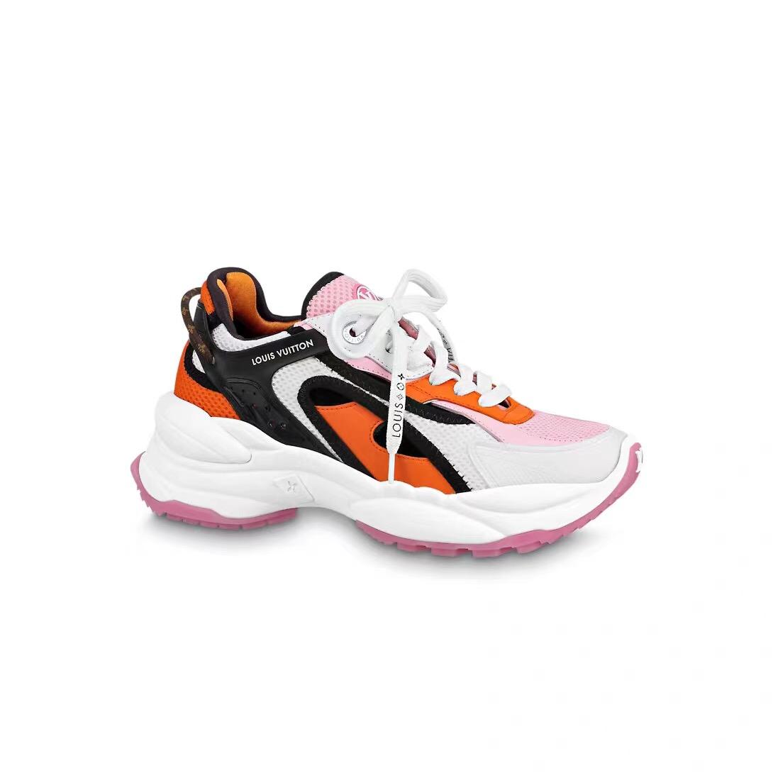 2025 Women Louis Vuitton Pink Orange Black Mesh Leather Sneakers LY00340