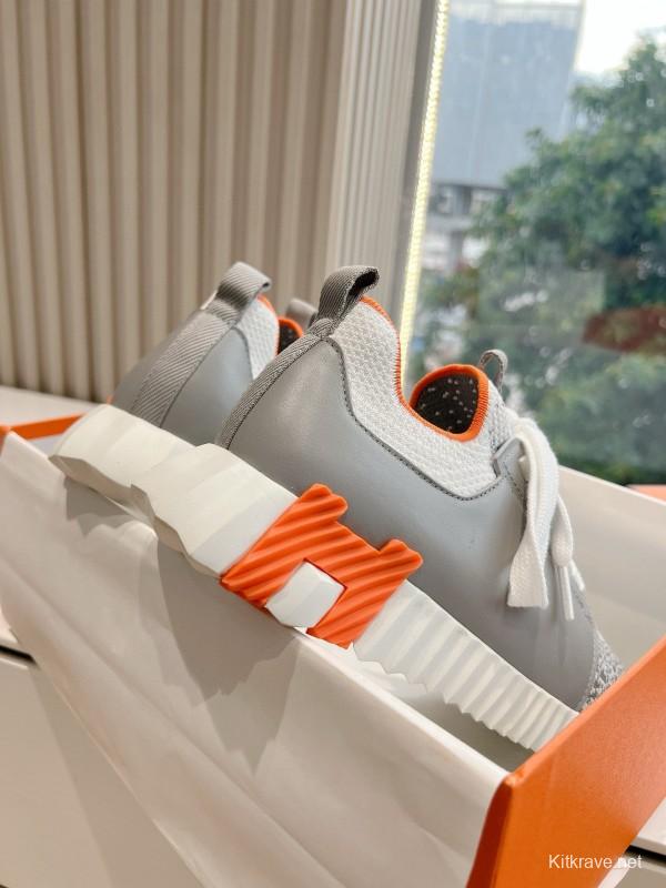 2024 Unisex Hermès Gray White Orange Calfskin Suede Sneakers MJ00290
