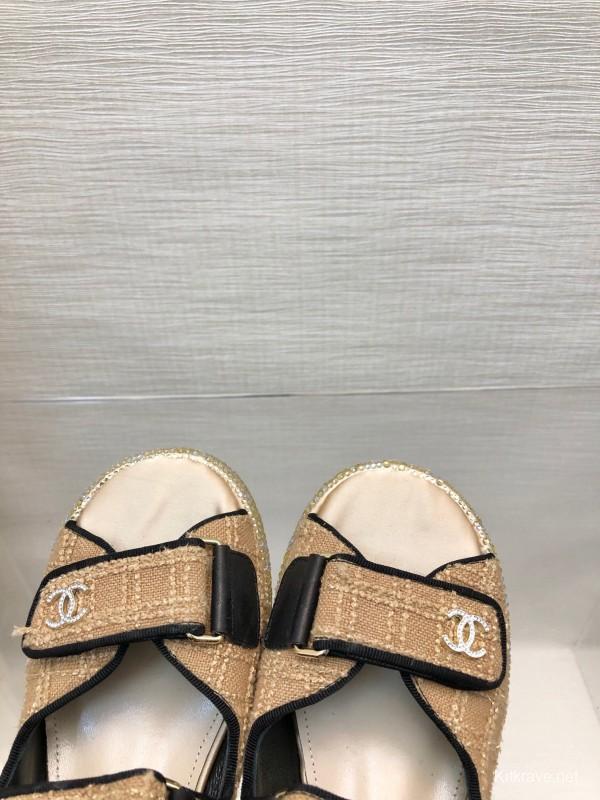 2025 Women Chanel Beige Black Leather Sandals Platform Thick Sole LY00330