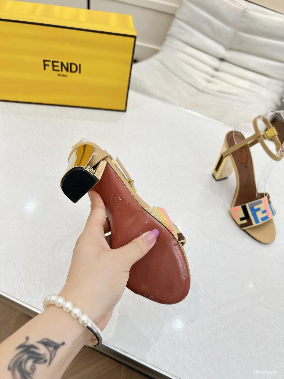 2025 Women Fendi Beige Canvas Leather High Heel Buckle MJ00280