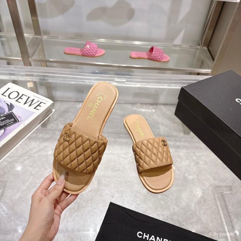 2025 Women Chanel Beige Lambskin Slippers LY00240