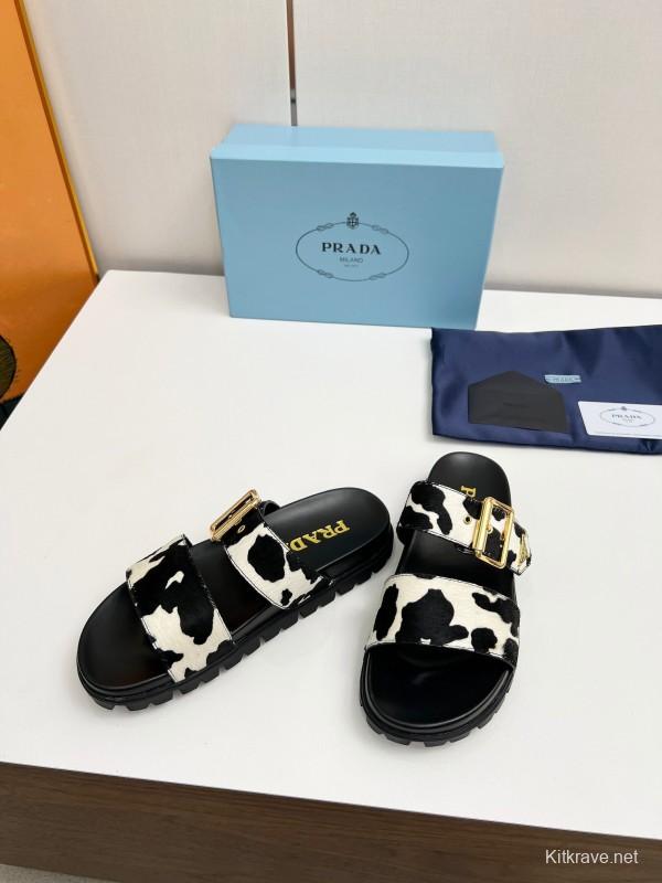2025 Women Prada Black White Calf Hair Leather Sandals LY00260