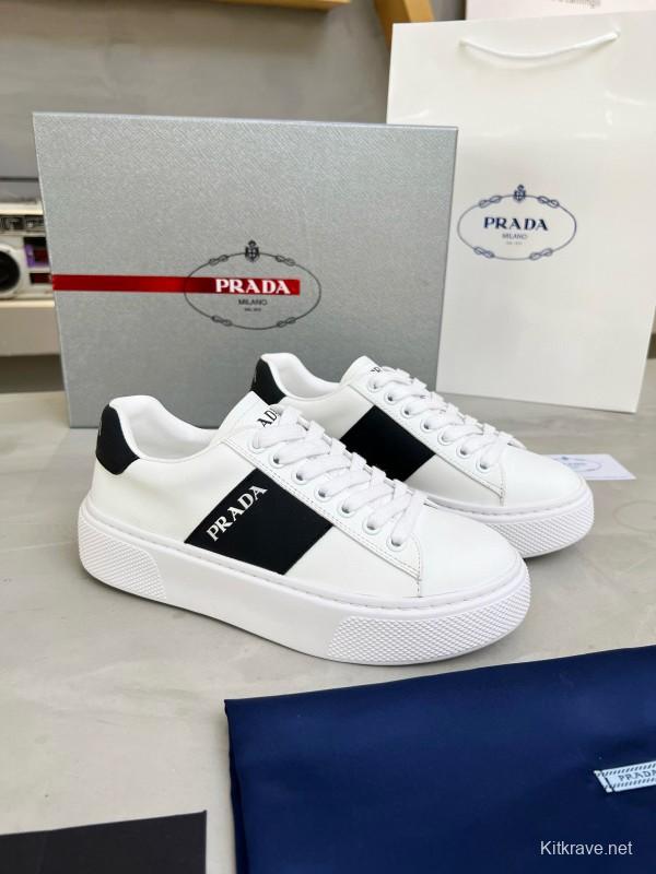 2024 Unisex Prada White Black Silk Calfskin Leather Sneakers MJ00310