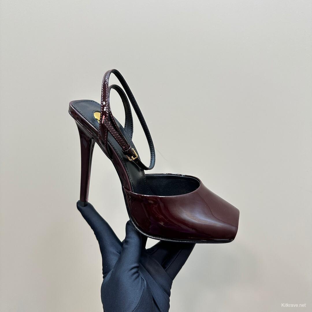 2025 Women Yves Saint Laurent Burgundy Patent Leather Slingback Heels