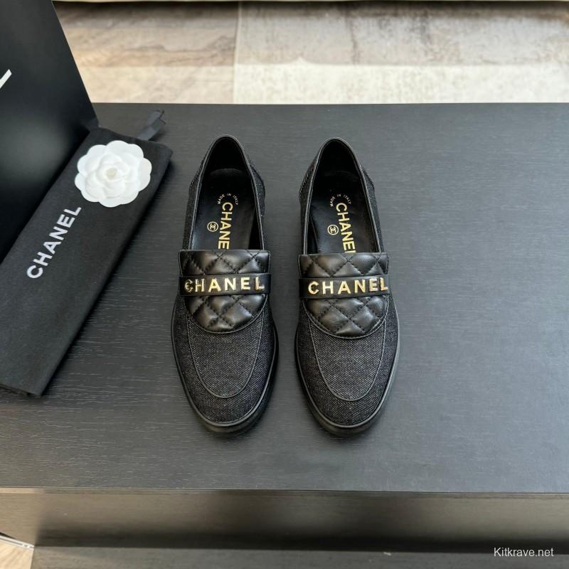 2025 Women Chanel Black Leather Canvas Loafers KFY00310