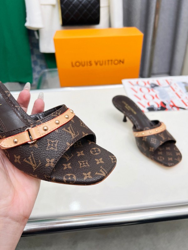 2025 Women Louis Vuitton Brown Leather Kitten Heel Mules LY00260