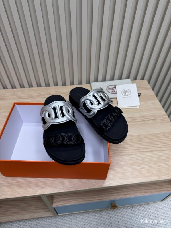 2025 Slippers Hermès Silver Black Leather Chain Decoration