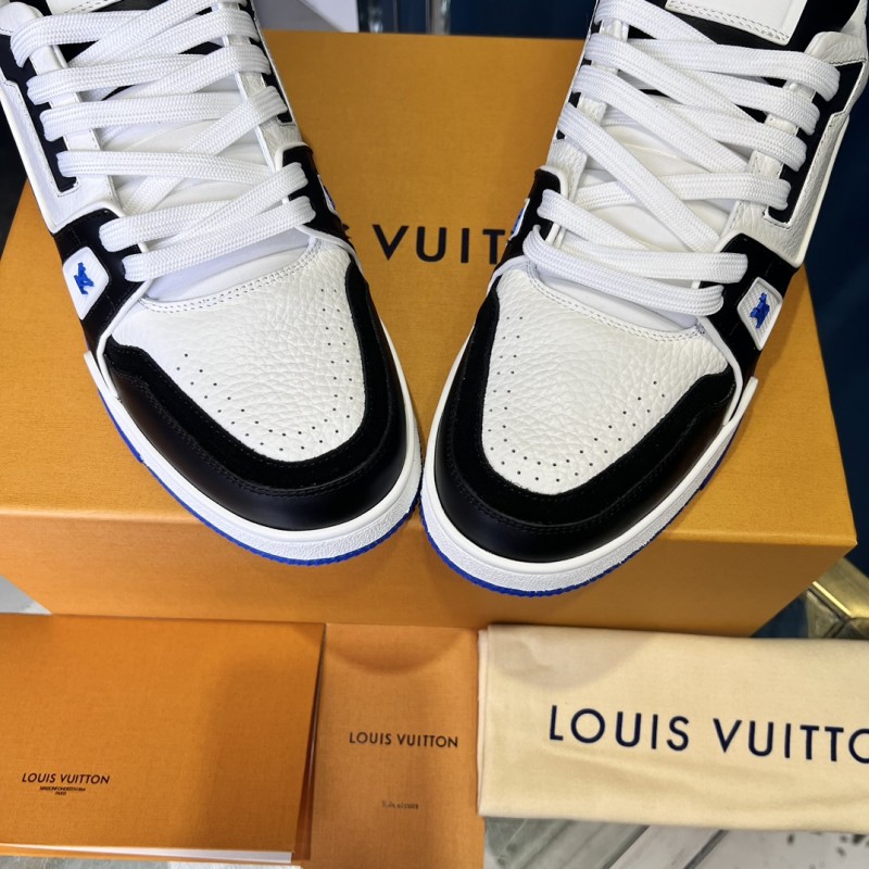 2025 Unisex Louis Vuitton Black White Blue Leather Plimsolls Stitching LV Trainer