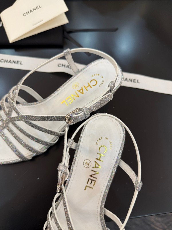 2025 Women Chanel White Synthetic Leather Sandals