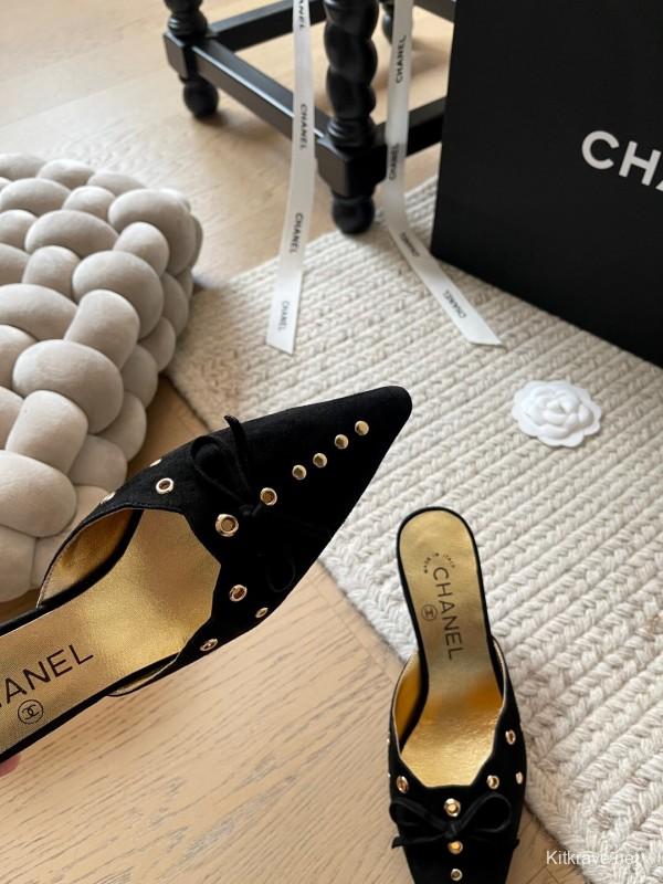 2025 Women Chanel Black Suede Pointed Toe Studded Mules