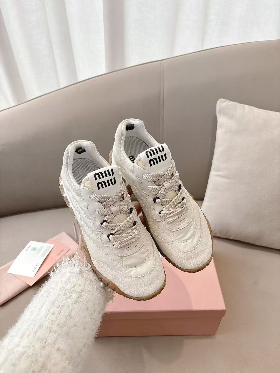 2025 Women Miu Miu White Beige Leather Nylon Casual Shoes KFY00280