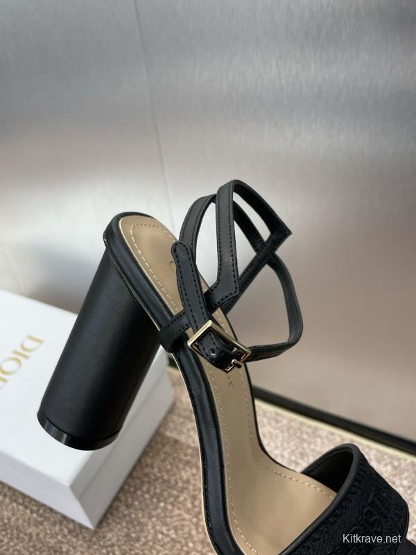 2025 Women Dior Black Leather High Heel Sandals