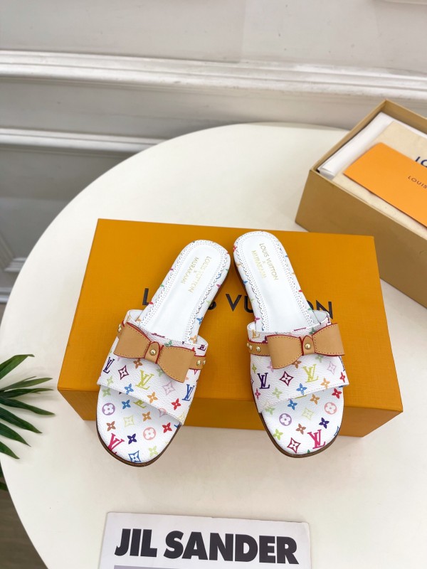 2025 Women Louis Vuitton White Multicolor Leather Slippers KFY00290