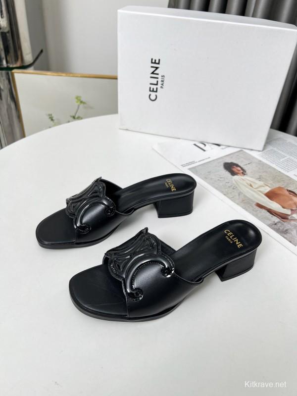 2025 Women Celine Black Leather Sandals