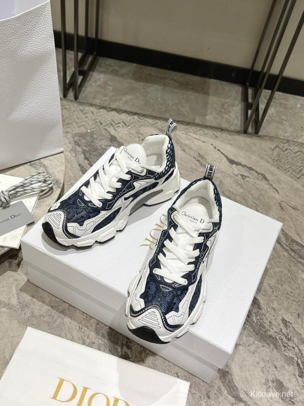 2025 Women Dior Navy White Mesh Leather Sneakers KFY00370