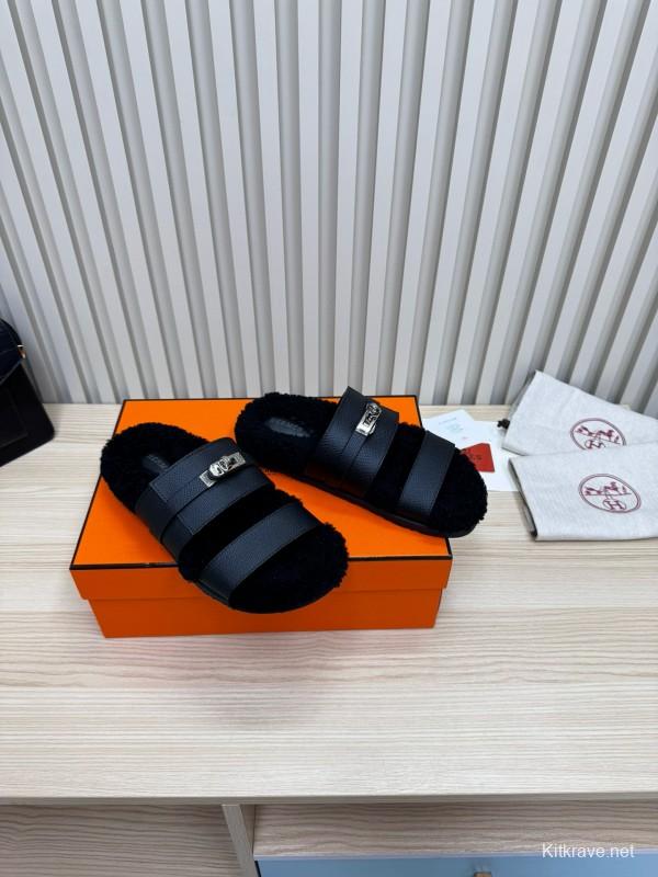 2024 Women Hermès Black Leather Shearling Slippers