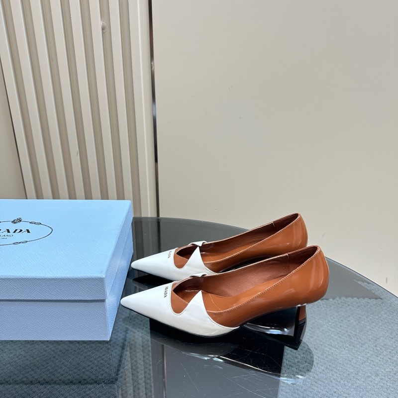 2025 Women Prada White Brown Leather Heels KFY00310