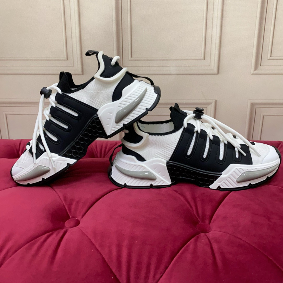 2024 Unisex Dolce & Gabbana Black White Knit Leather Sneakers MJ00340