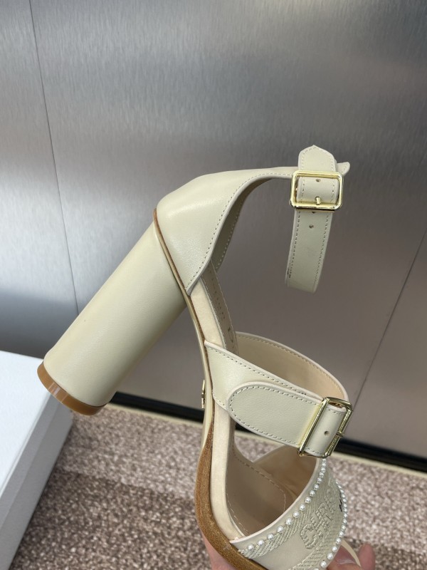 2025 Women Dior Beige Calf Leather Sheepskin Pearl Embroidered High Heel Sandals KFY00320