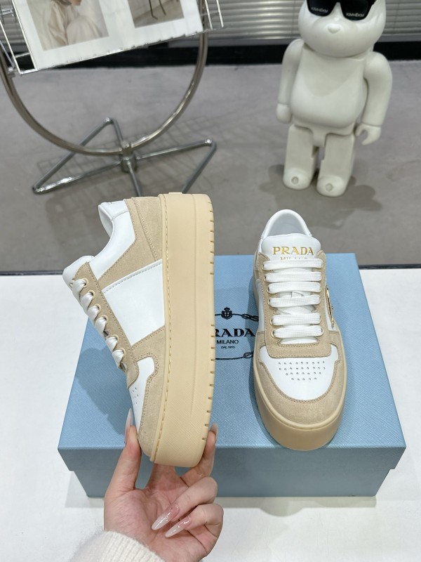 2025 Women Prada White Beige Leather Sneakers