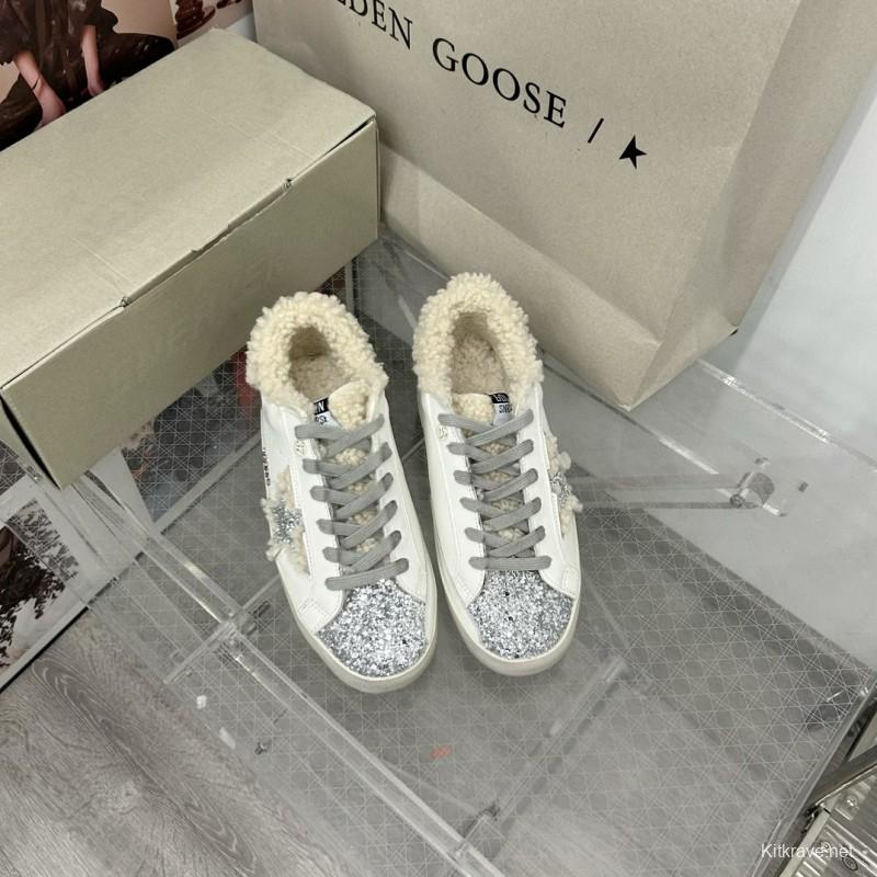 2025 Women GGDB White Gray Shearling Leather Sneakers