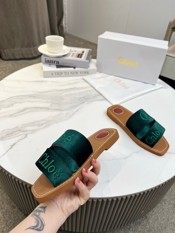 2025 Women Chloé Green Velvet Slippers