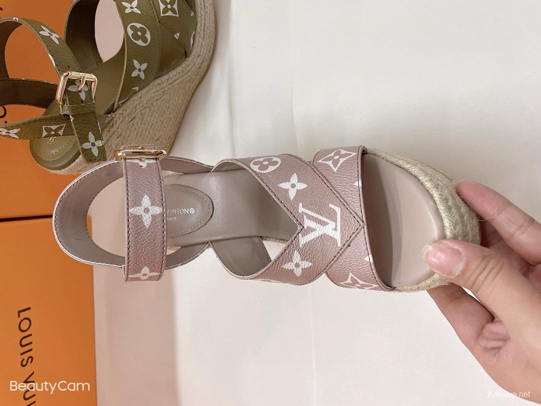2025 Women Louis Vuitton Brown Beige Canvas Leather Wedge Sandals MJ00280