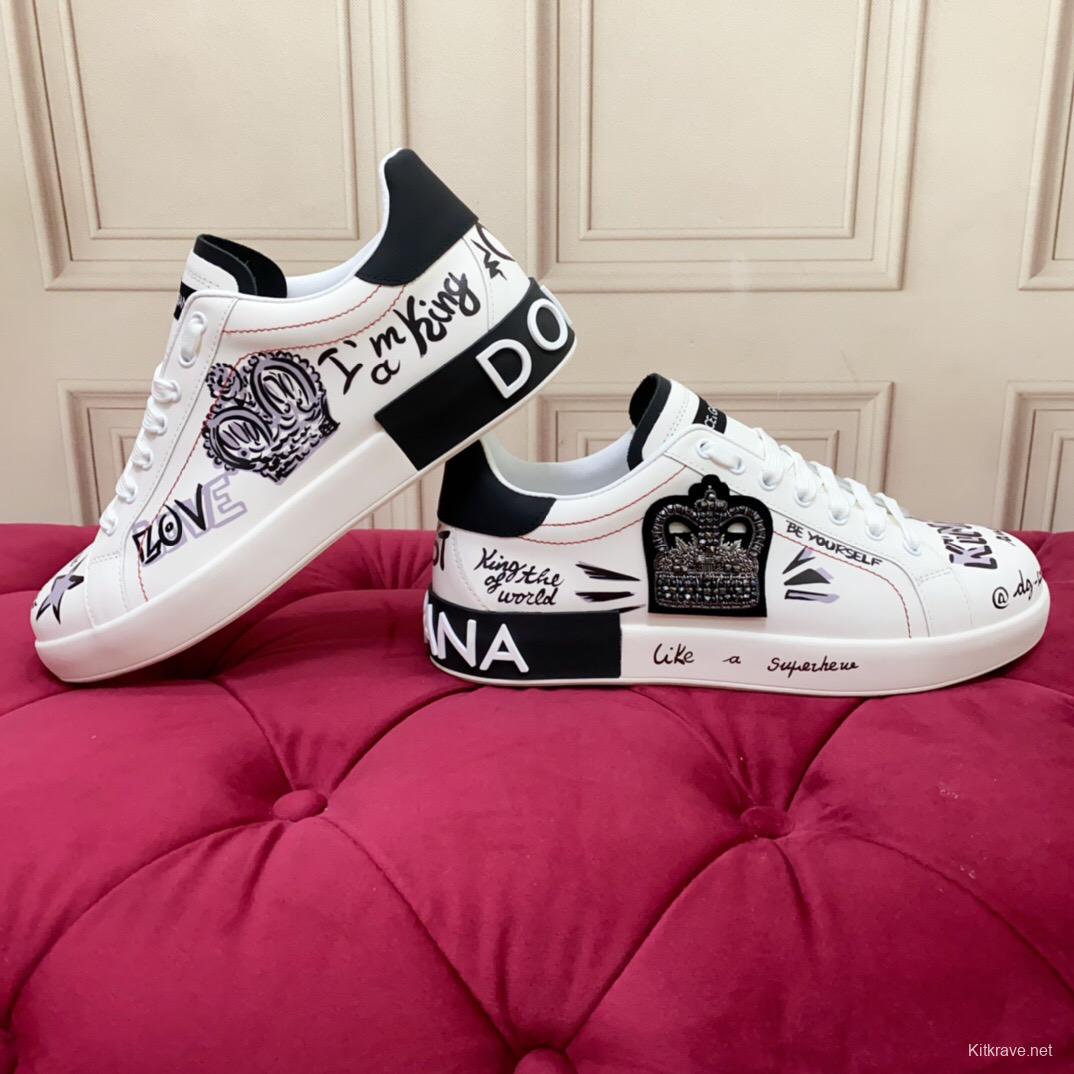 2025 Women Dolce & Gabbana White Black Leather Sneakers LY00340(F)