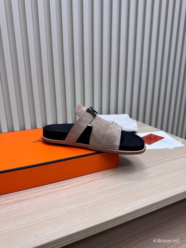 2025 Slippers Hermès Sand Beige Suede Double Strap