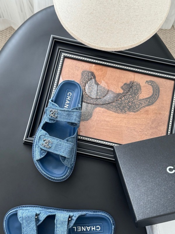 2025 Women Chanel Blue Denim Leather Slippers LY00310