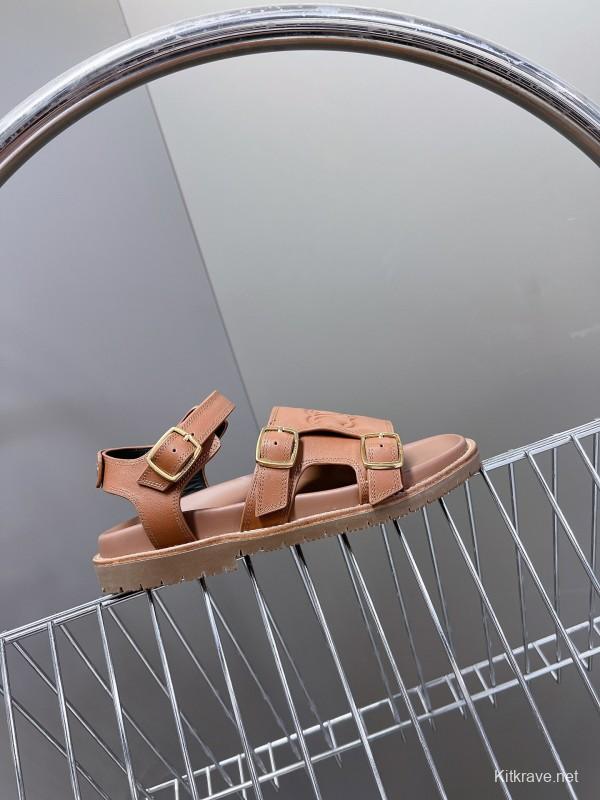 2025 Women Celine Light Brown Leather Sandals KFY00280