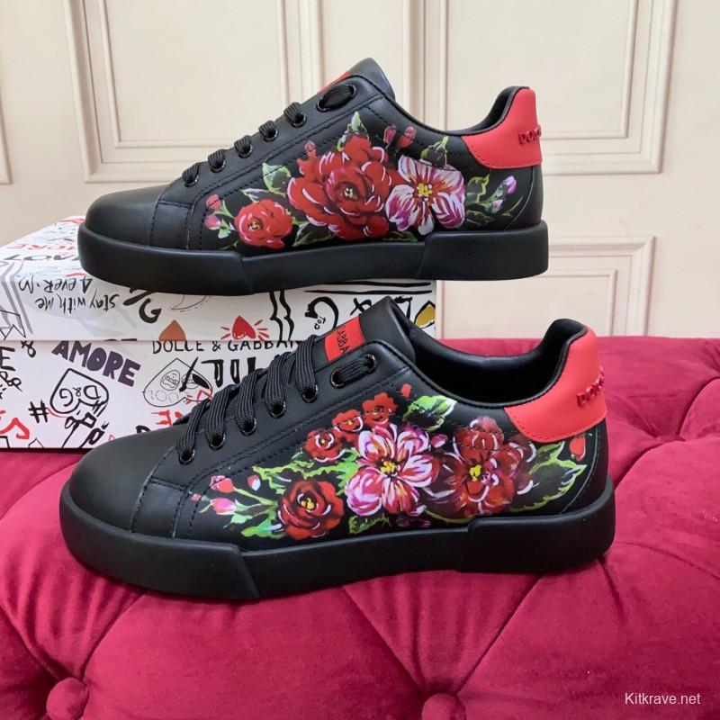 2025 Women Dolce & Gabbana Black Red Leather Sneakers Floral LY00300