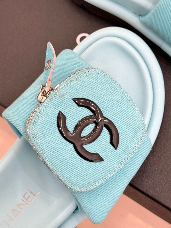 2025 Slippers Chanel Blue Fabric Slippers KFY00220