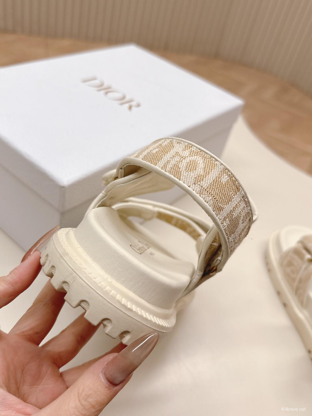 2025 Women Dior Beige Canvas Sandals Magic Tape LY