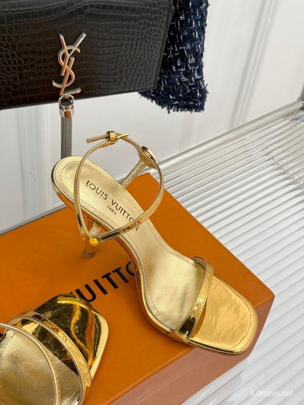 2025 Women Louis Vuitton Gold Leather Sandals
