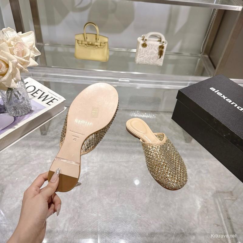 2025 Slippers Alexander Wang Beige Crystal Beaded Leather Slippers LY00310