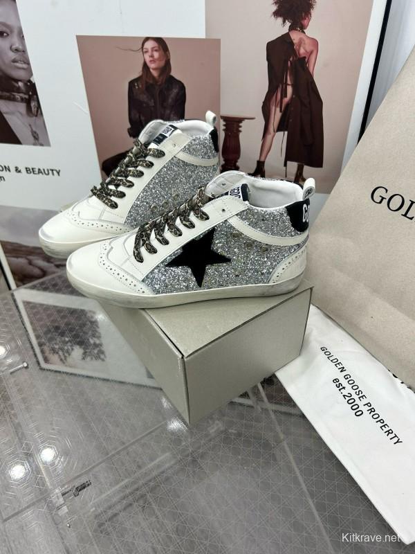 2024 Women GGDB Silver White Leather High Top Sneakers MJ00300