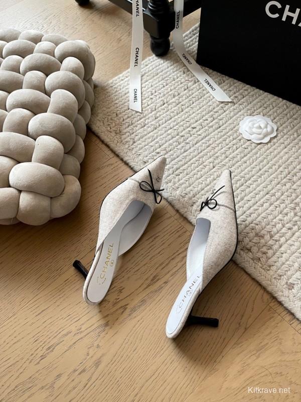 2025 Women Chanel Beige Fabric Pointed Toe Mules KFY00290