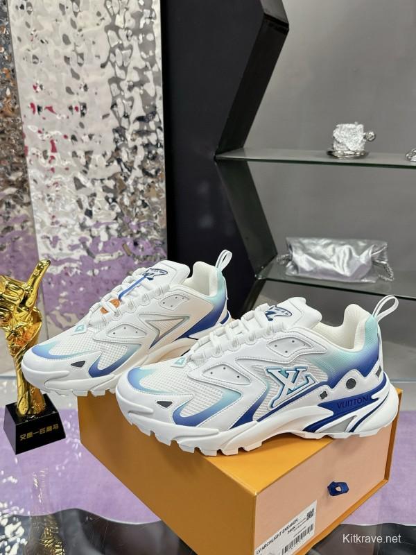 2025 Men Louis Vuitton Blue White Mesh Leather Sneakers MJ00420
