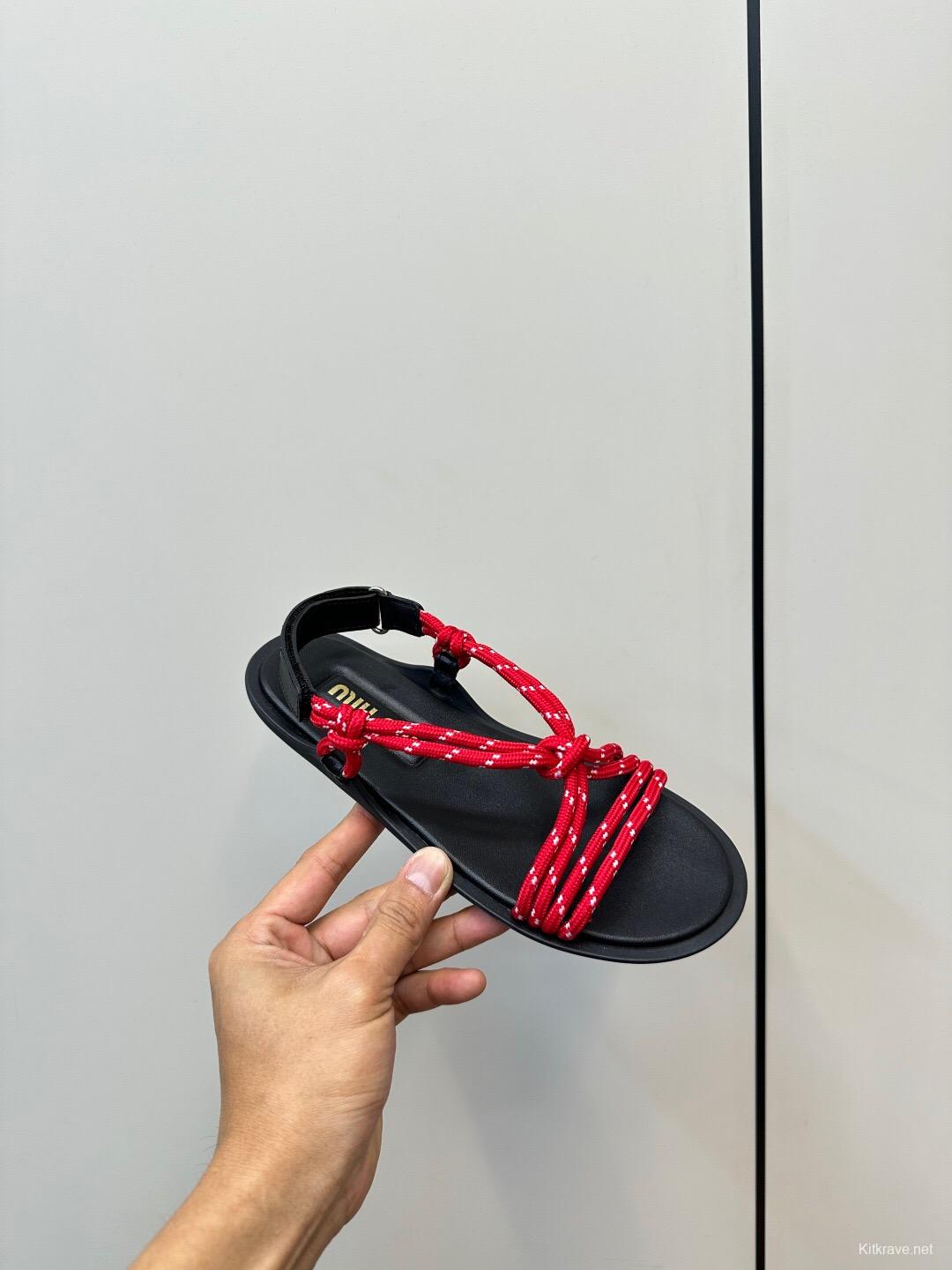 2025 Women Miu Miu Red Rope Leather Sandals LY