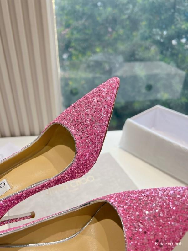 2025 Women Jimmy Choo Pink Glitter Leather High Heels KFY00280