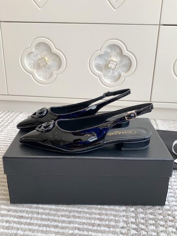 2025 Women Chanel Black Patent Leather Slingback Pumps KFY00300