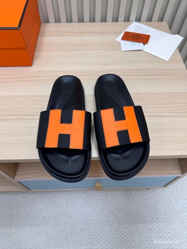 2025 Women Hermès Black Orange Leather Slippers