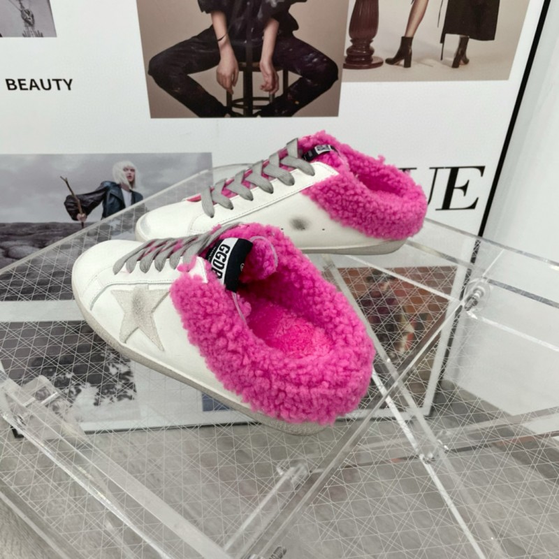 2025 Women GGDB White Pink Shearling Leather Sneakers