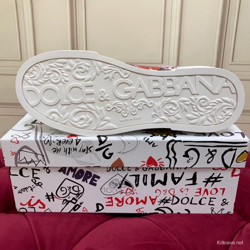 2025 Women Dolce & Gabbana White Red Leather Sneakers Floral LY00300